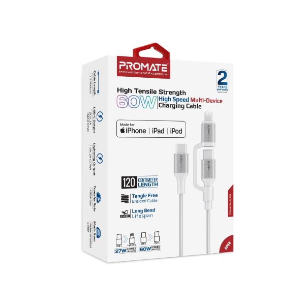 PROMATE POWERLINK-CCI-WT - 1.2m 60w MFi Certified 2-in-1 USB-C Sync & Charge 1x USB-C & 1x Lightning