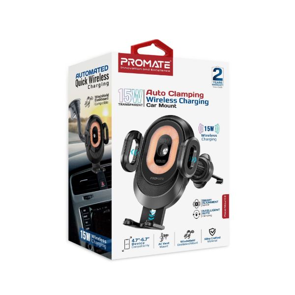 PROMATE POWERMOUNT-2 - 15W Transparent Auto Clamping Wireless Charging Car Mount. Takes 4.7-6.7'' Devices