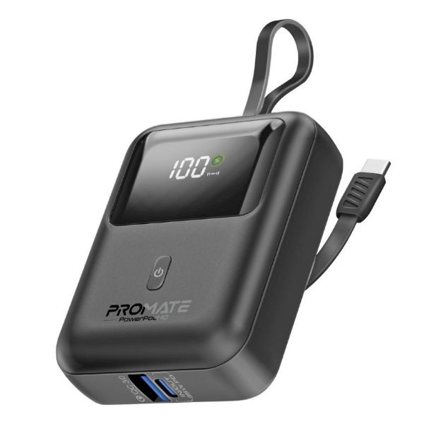 PROMATE POWERPOD-10-BLK - 10000mAh Ultra Compact 35W SuperSpeed Power Bank Built-in USB-C & Lightning Cables. 35W