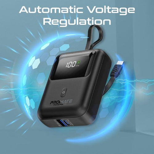POWERPOD-10-BLK - PROMATE POWERPOD-10-BLK - 10000mAh Ultra Compact 35W SuperSpeed Power Bank Built-in USB-C & Lightning Cables. 35W