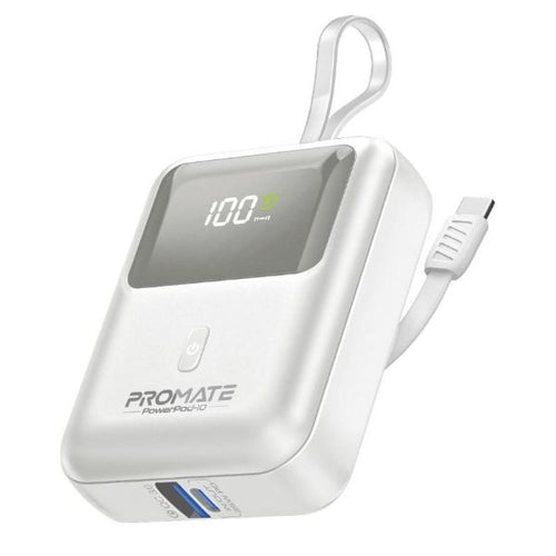 POWERPOD-10-WHT - PROMATE POWERPOD-10-WHT - 10000mAh Ultra Compact 35W SuperSpeed Power Bank Built-in USB-C & Lightning Cables. 35W