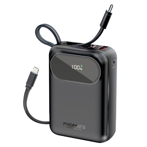 PROMATE POWERPOD-20-BLK - 20000mAh Ultra Compact 35W SuperSpeed Power Bank Built-in USB-C & Lightning Cables. 35W