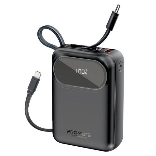 POWERPOD-20-BLK - PROMATE POWERPOD-20-BLK - 20000mAh Ultra Compact 35W SuperSpeed Power Bank Built-in USB-C & Lightning Cables. 35W