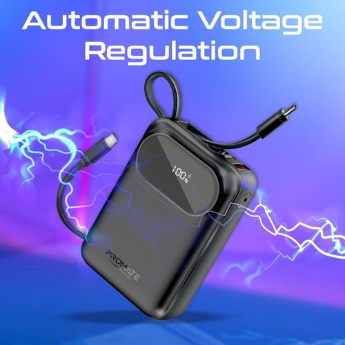 POWERPOD-20-BLK - PROMATE POWERPOD-20-BLK - 20000mAh Ultra Compact 35W SuperSpeed Power Bank Built-in USB-C & Lightning Cables. 35W