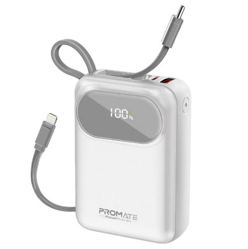 POWERPOD-20-WHT - PROMATE POWERPOD-20-WHT - 20000mAh Ultra Compact 35W SuperSpeed Power Bank Built-in USB-C & Lightning Cables. 35W