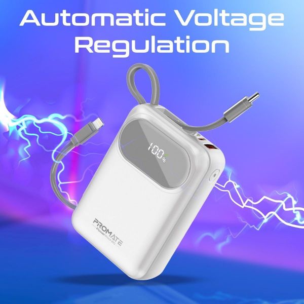 PROMATE POWERPOD-20-WHT - 20000mAh Ultra Compact 35W SuperSpeed Power Bank Built-in USB-C & Lightning Cables. 35W