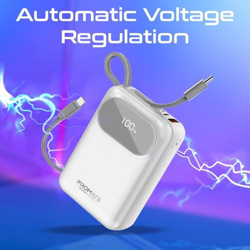 POWERPOD-20-WHT - PROMATE POWERPOD-20-WHT - 20000mAh Ultra Compact 35W SuperSpeed Power Bank Built-in USB-C & Lightning Cables. 35W