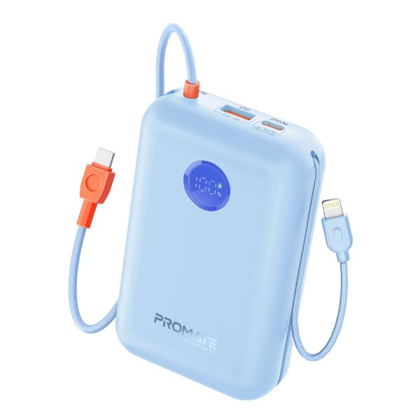 PROMATE POWERPOD-30-BL - 30000mAh Ultra Compact 35W SuperSpeed Pwr Bank w Built-in USB-C & Lightning Cables. 35W