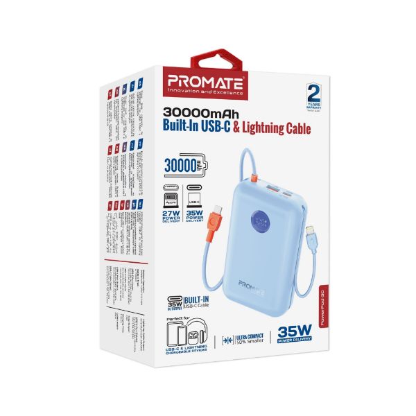 PROMATE POWERPOD-30-BL - 30000mAh Ultra Compact 35W SuperSpeed Pwr Bank w Built-in USB-C & Lightning Cables. 35W