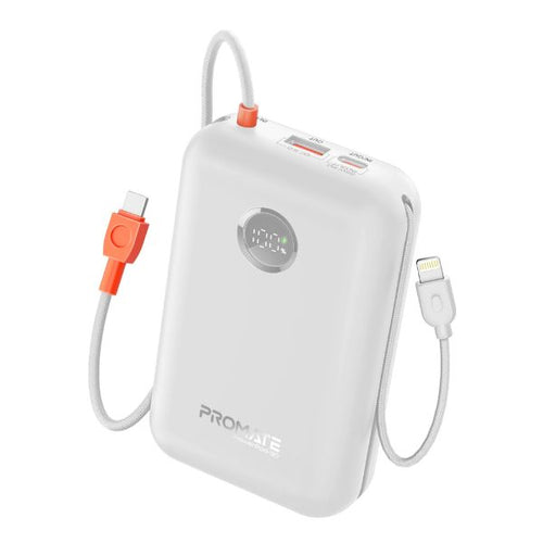 POWERPOD-30-WHT - PROMATE POWERPOD-30-WHT - 30000mAh Ultra Compact 35W SuperSpeed Power Bank Built-in USB-C & Lightning Cables. 35W