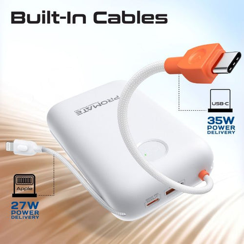 POWERPOD-30-WHT - PROMATE POWERPOD-30-WHT - 30000mAh Ultra Compact 35W SuperSpeed Power Bank Built-in USB-C & Lightning Cables. 35W