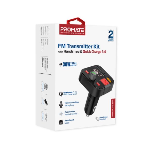 PROMATE POWERTUNE-30W - Wireless In-Car FM Transmitter w/ USB-C & USB-A Ports. Hands-Free w/ Built in