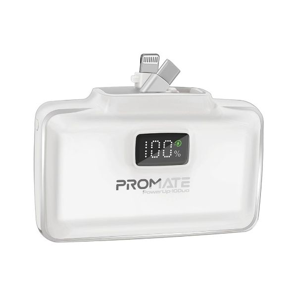 PROMATE POWERUP-10DUO-WT - 10000mAh Ultra-Compact Fast Charging Power Bank In-Built Dual Folding USB-C & Lightning