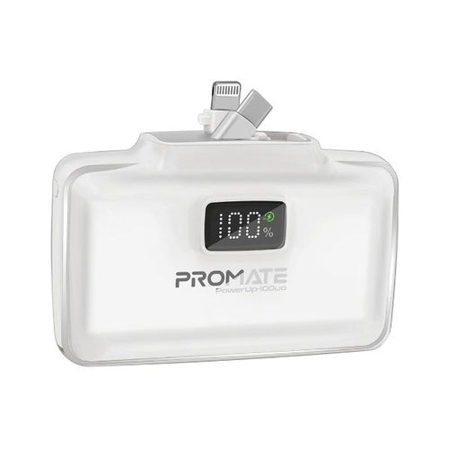 POWERUP-10DUO-WT - PROMATE POWERUP-10DUO-WT - 10000mAh Ultra-Compact Fast Charging Power Bank In-Built Dual Folding USB-C & Lightning
