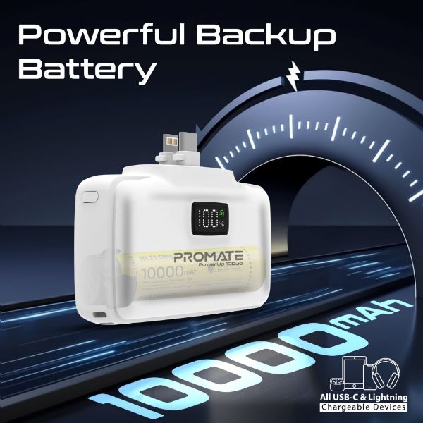 PROMATE POWERUP-10DUO-WT - 10000mAh Ultra-Compact Fast Charging Power Bank In-Built Dual Folding USB-C & Lightning