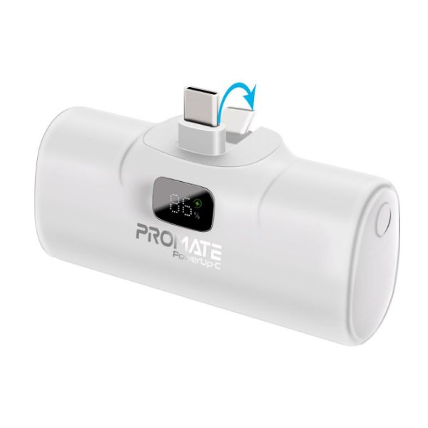 POWERUP-C-WHT - PROMATE 5000mAh Ultra Compact 20W Power Bank with Built-in USB-C Foldable Connector. Kick Stand. USB-C In/Out. LED Battery Display. Automatic Voltage Regulation. White Colour.