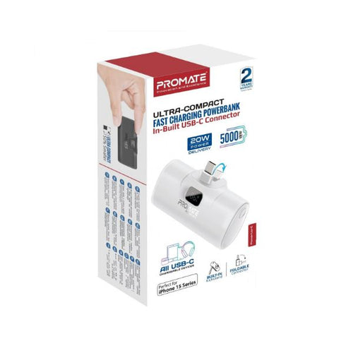 POWERUP-C-WHT - PROMATE 5000mAh Ultra Compact 20W Power Bank with Built-in USB-C Foldable Connector. Kick Stand. USB-C In/Out. LED Battery Display. Automatic Voltage Regulation. White Colour.