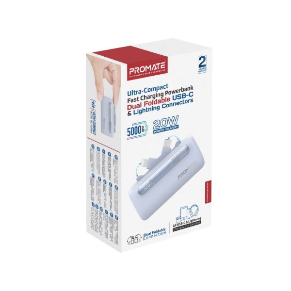 PROMATE POWERUP-DUO-BL - 5000mAh Ultra-Compact Fast Charging Power Bank In-Built Dual Folding USB-C & Lightning