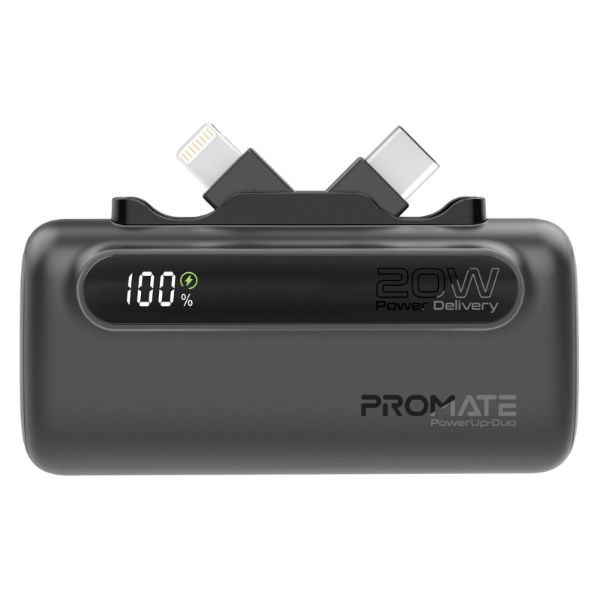 PROMATE POWERUP-DUO-BLK - 5000mAh Ultra-Compact Fast Charging Power Bank In-Built Dual Folding USB-C & Lightning