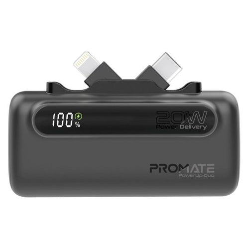 POWERUP-DUO-BLK - PROMATE POWERUP-DUO-BLK - 5000mAh Ultra-Compact Fast Charging Power Bank In-Built Dual Folding USB-C & Lightning