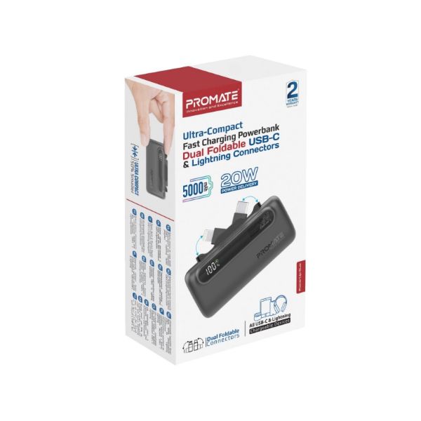 PROMATE POWERUP-DUO-BLK - 5000mAh Ultra-Compact Fast Charging Power Bank In-Built Dual Folding USB-C & Lightning