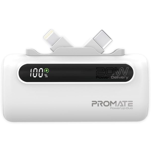PROMATE POWERUP-DUO-WHT - 5000mAh Ultra-Compact Fast Charging Power Bank In-Built Dual Folding USB-C & Lightning