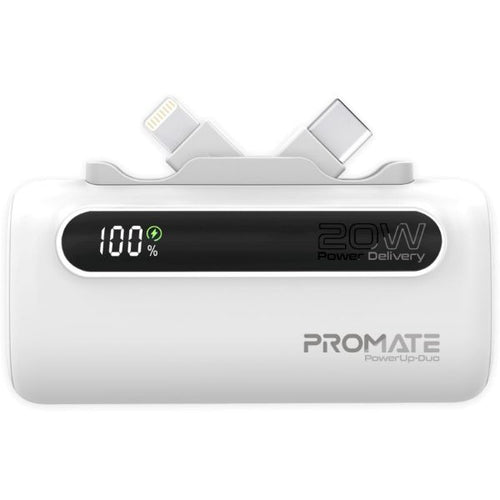 POWERUP-DUO-WHT - PROMATE POWERUP-DUO-WHT - 5000mAh Ultra-Compact Fast Charging Power Bank In-Built Dual Folding USB-C & Lightning
