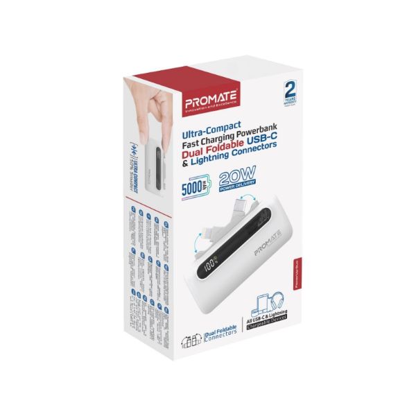 PROMATE POWERUP-DUO-WHT - 5000mAh Ultra-Compact Fast Charging Power Bank In-Built Dual Folding USB-C & Lightning