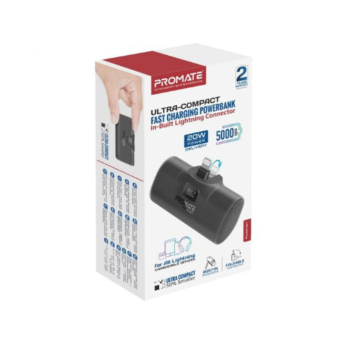 POWERUP-I - PROMATE POWERUP-I - 5000mAh Ultra Compact 20W Power Bank Built-in Lightning Foldable Connector. Kick Stand