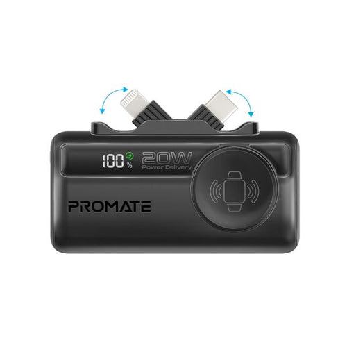POWERUP-TRIO-BLK - PROMATE POWERUP-TRIO-BLK - 5000mAh Ultra-Compact Fast Charging Power Bank In-Built Dual Folding USB-C & Lightning