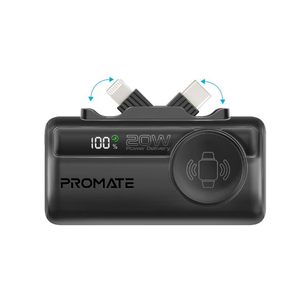 PROMATE POWERUP-TRIO-BLK - 5000mAh Ultra-Compact Fast Charging Power Bank In-Built Dual Folding USB-C & Lightning