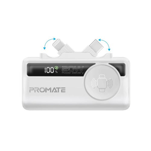POWERUP-TRIO-WHT - PROMATE POWERUP-TRIO-WHT - 5000mAh Ultra-Compact Fast Charging Power Bank In-Built Dual Folding USB-C & Lightning