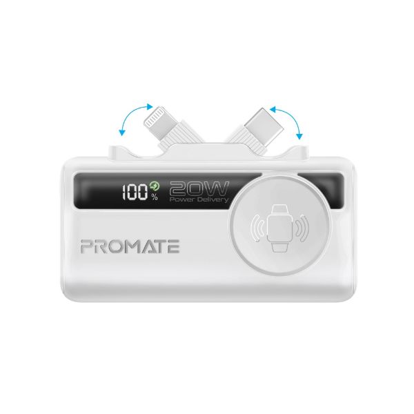 PROMATE POWERUP-TRIO-WHT - 5000mAh Ultra-Compact Fast Charging Power Bank In-Built Dual Folding USB-C & Lightning
