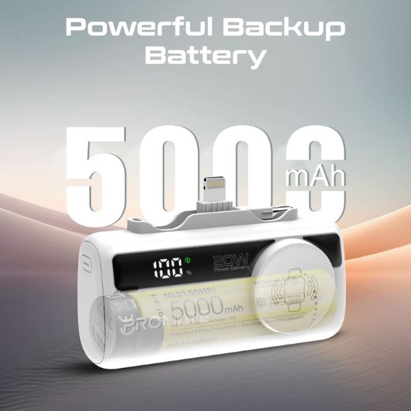 PROMATE POWERUP-TRIO-WHT - 5000mAh Ultra-Compact Fast Charging Power Bank In-Built Dual Folding USB-C & Lightning