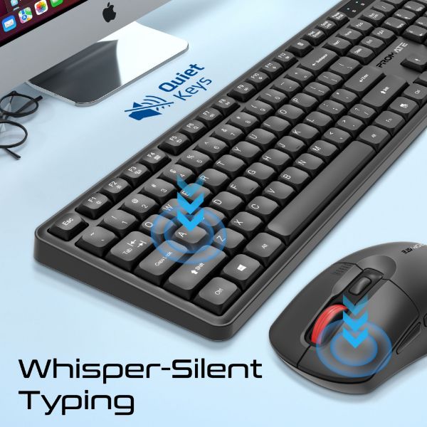 Promate PROCOMBO-15 - Ergonomic Wireless Keyboard with Silent Keys and 5000DPI Mouse