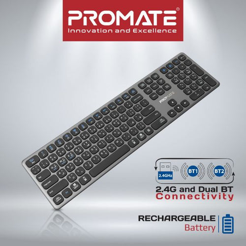 PROKEYS-XS - PROMATE PROKEYS-XS - Full-Size Triple-Mode Wireless Keyboard with Scissor Keys & Silent Keys, Angled Kickstand