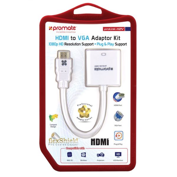 PROMATE PROLINK-H2V-WHT - HDMI (Male) to VGA (Female Display Adaptor Kit. Supports up to 1920x1080@60Hz.