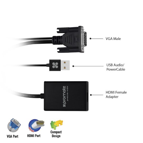 PROMATE PROLINK-V2H-BLK - VGA (Male) to HDMI (Female) Display Adaptor Kit w/ Audio. Supports up to 1920x1080@60Hz.