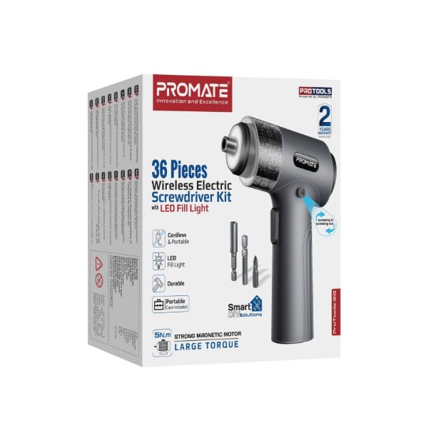PROMATE PROTOOLS-31G - 36-Pieces Cordless Electric DIY Hand held ScrewDriver Kit LED Fill Light. 200RPM
