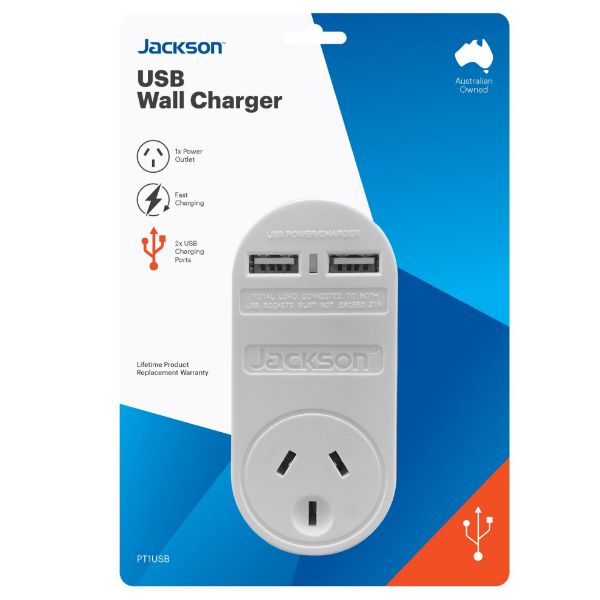JACKSON PT1-USB - Single Plug USB Wall Charger 2x USB Charging Outlets 2.1A Total