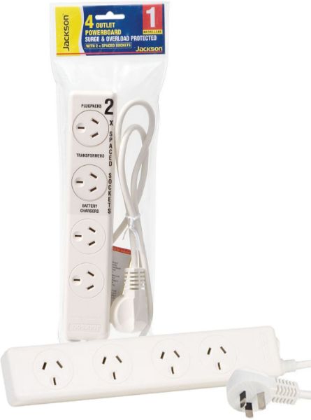 JACKSON PT2929S - 4-Way Powerboard Surge Protected 2x ports are double spaced 1m Power cord