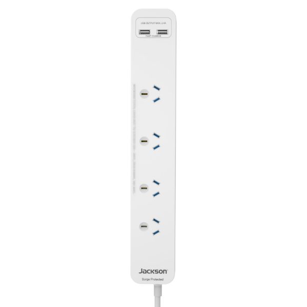 JACKSON PT2929SUSB - 4 Way Surge Protected Powerboard 2x USB-A Fast Charge Ports