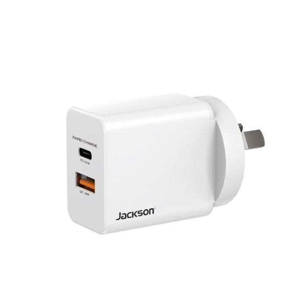 JACKSON PT2USBAC20 - 20W Dual Port USB Wall Charger w/ 1x USB-A (18W) & 1x USB-C Ports (20W). Fast Charge