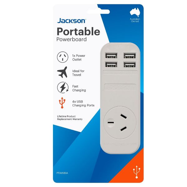 JACKSON PT3USB3A - 1x Outlet Power board w/ 4x USB Charging Outlets. 3.4A. 0.9m Lead