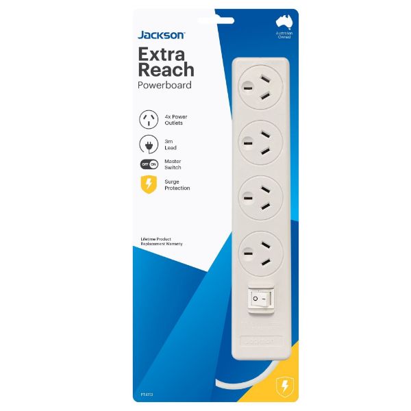JACKSON PT4113 - 4-Way Powerboard w/ Surge & Overload Protection 3m Power cord