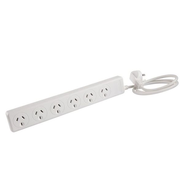 JACKSON PT6868 - 6-Way 10A Powerboard w/ Overload Protection & 1m Lead. Angled 3-Pin. Wall Mountable