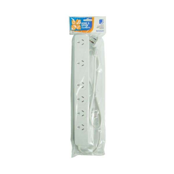 JACKSON PT6969S - 6-Way Powerboard Surge Protected w/ 2x double spaced Ports. 1m Power cord
