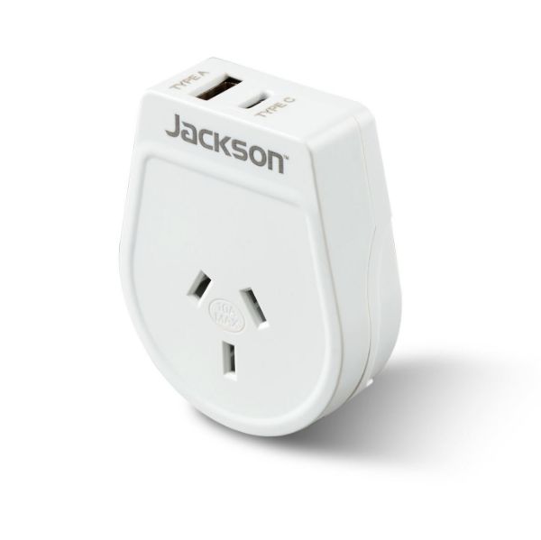 JACKSON PTA8809USBMC - Slim Outbound Travel Adaptor 1x USB-A & 1x USB-C (2.1A) Charging Ports.