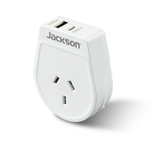 PTA8809USBMC - JACKSON PTA8809USBMC - Slim Outbound Travel Adaptor 1x USB-A & 1x USB-C (2.1A) Charging Ports.