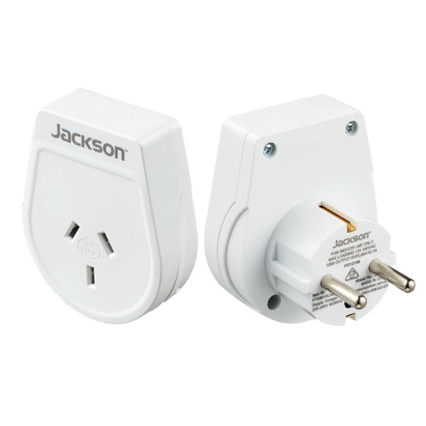 JACKSON PTA8810M - Slim Outbound Travel Adaptor for use in Europe/Bali 3-Pin NZ/AUS Plugs.